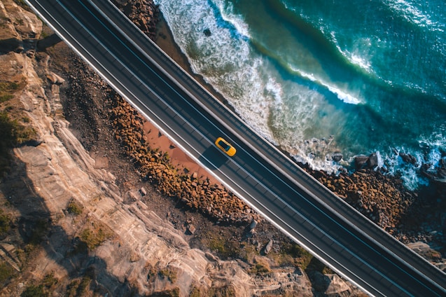 bird's eye view of car in highwa y