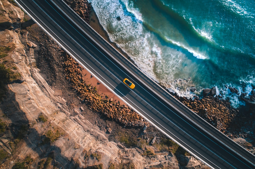 bird's eye view of car in highwa y