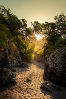 A winding mountain trail framed by soft sand-colored rocks and warm sunlight.