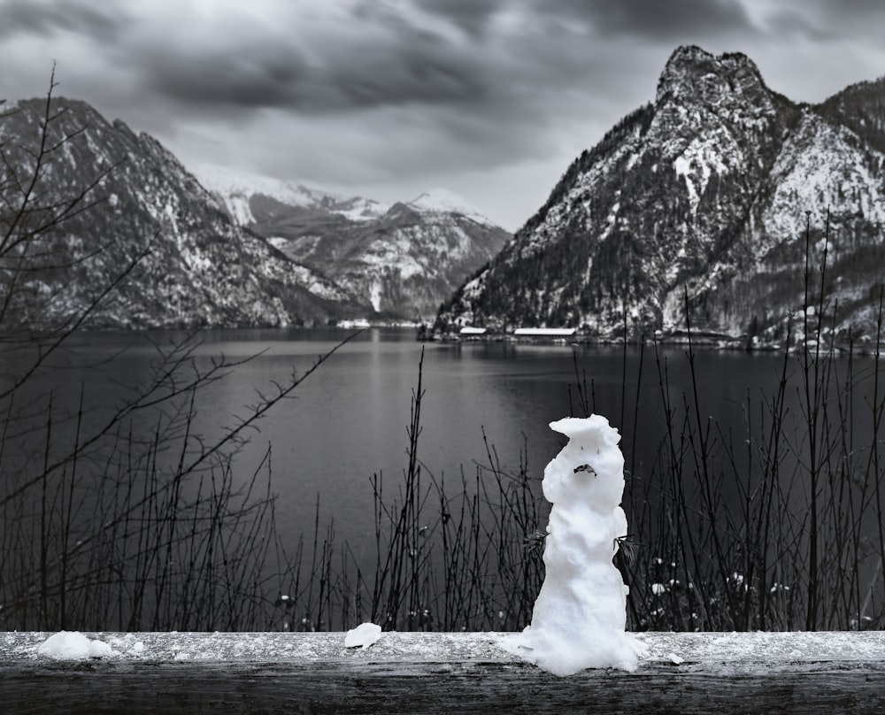 grayscale photography of body of water near mountain