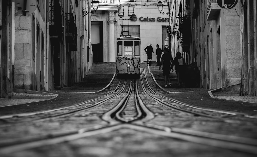 grayscale photography of tram