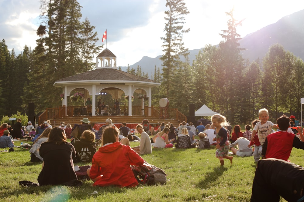 people sitting on grass field