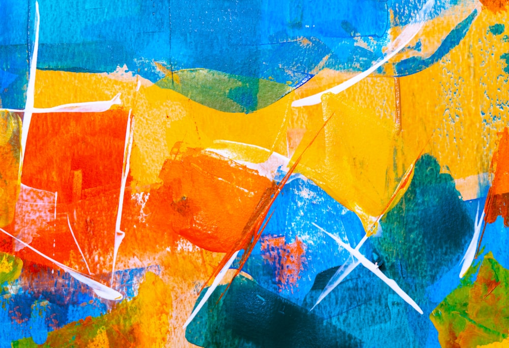 an abstract painting of blue, yellow, and orange colors