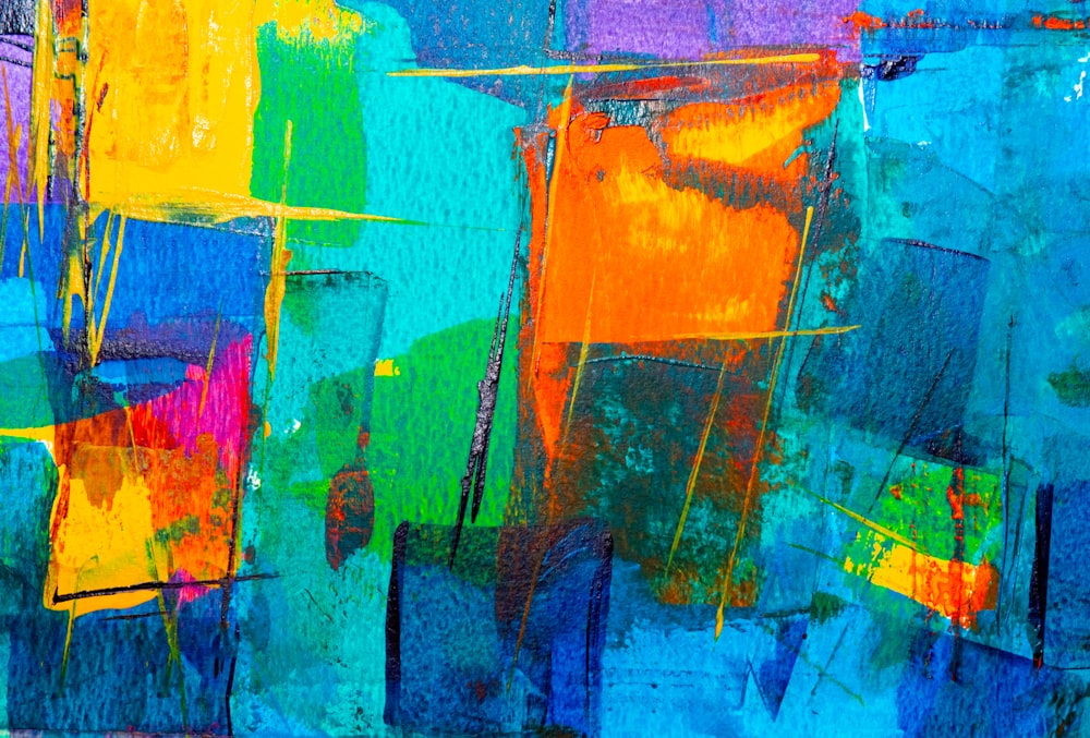 an abstract painting of blue, green, yellow and orange