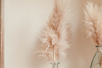 Softly lit pampas grass bouquet resting on a smooth grey stone table