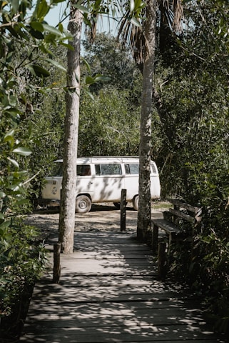 A sleek white van parked by a scenic Thai countryside road with sunlight filtering through trees