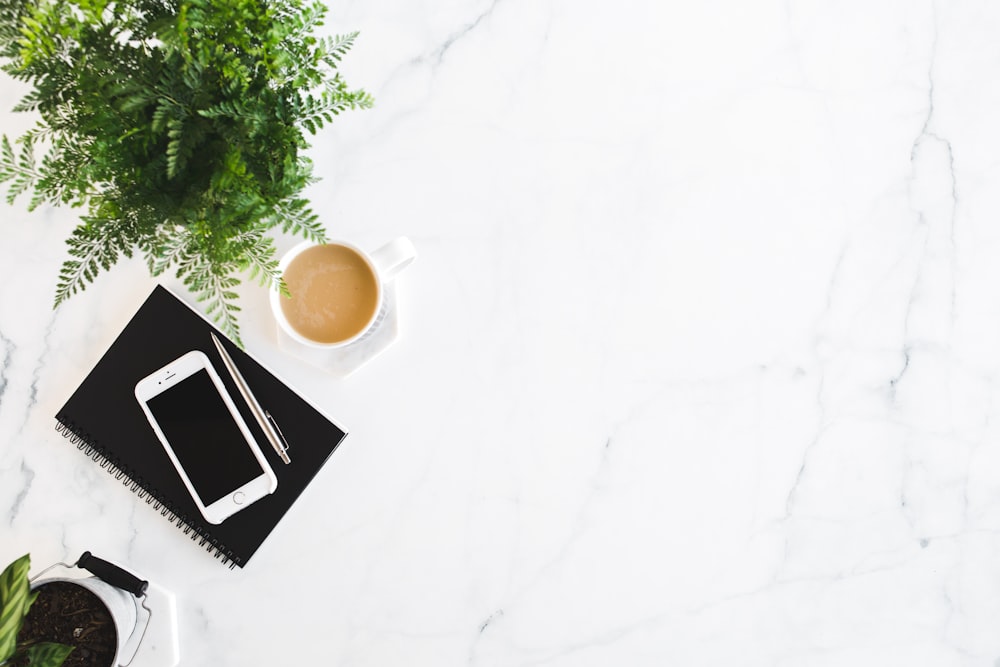 iPhone and retractable pen on top of black notebook beside white cup and fern plant