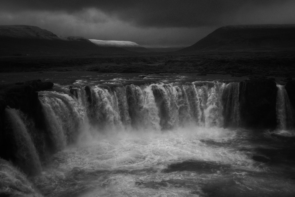 waterfalls grayscale photo