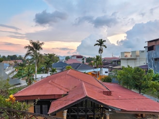 A neighborhood with a mix of modern and traditional houses is seen under a cloudy sky with a hint of sunset colors. The red roofs stand out among the greenery of palm trees and other vegetation surrounding the area. The landscape slopes slightly upward, with buildings of varied architectural styles, including some unfinished structures.