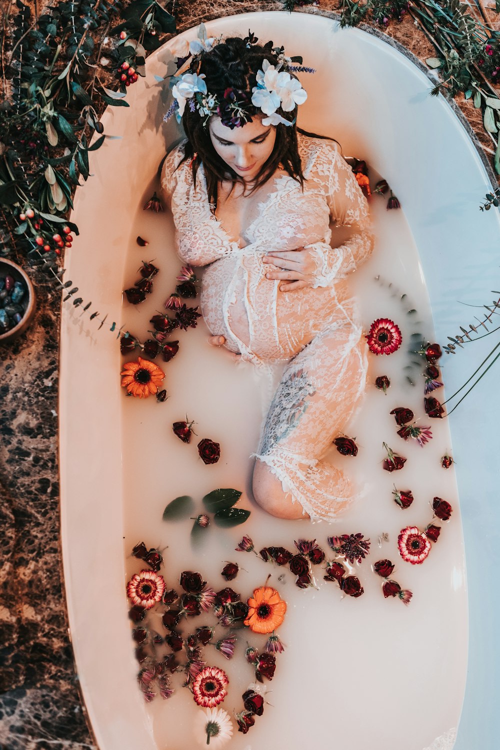 woman bathing on bathtub outdoor