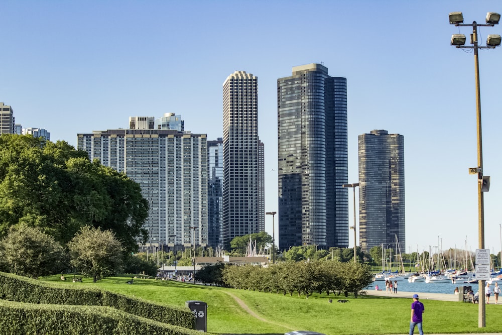 person walking in lawn near the city