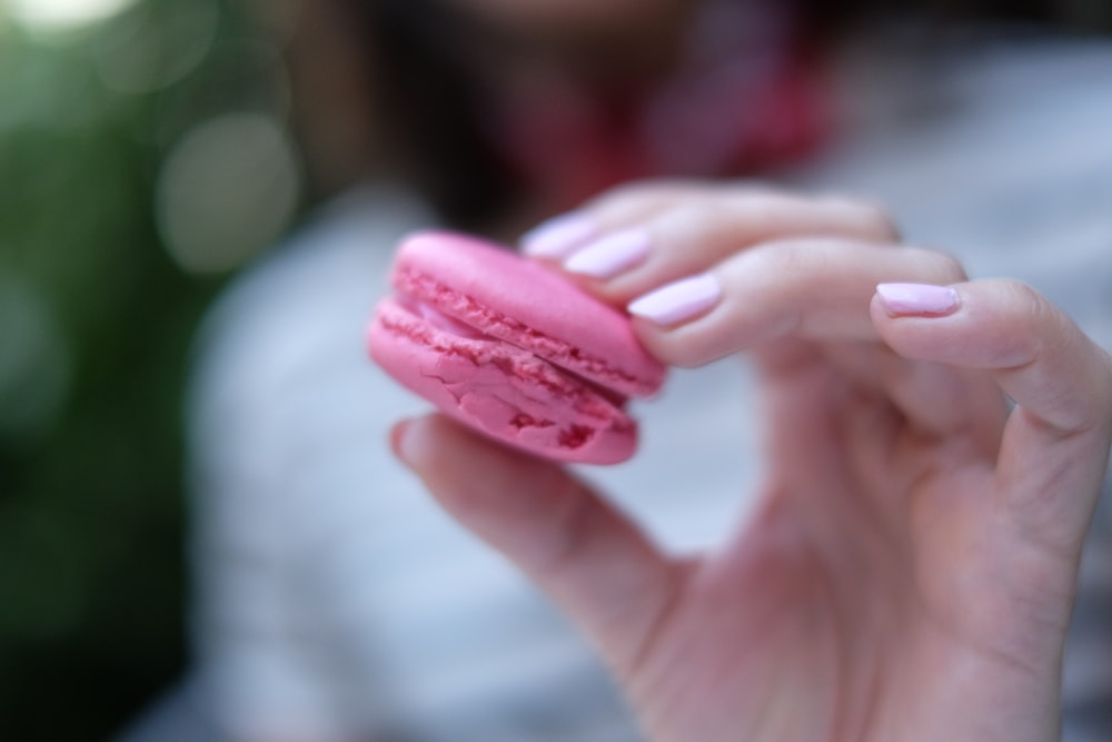 selective focus photography of person holding pink cookie