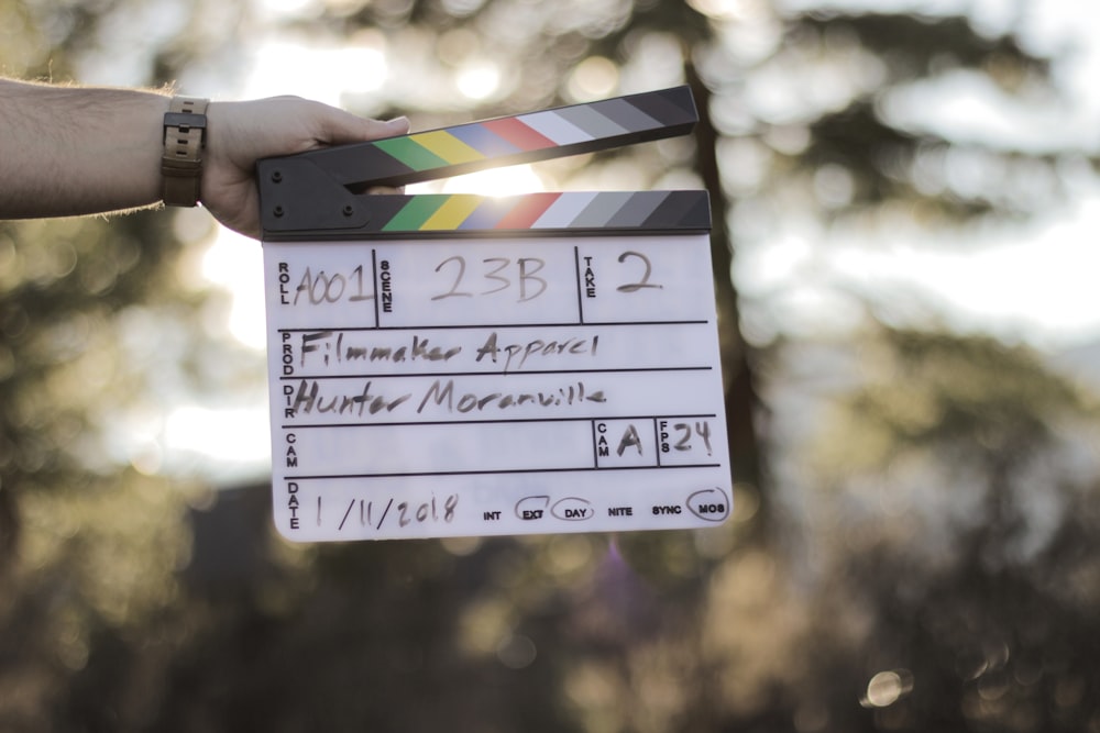 person holds clapperboard hunter moranville dated january 11, 2018