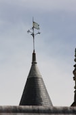 A conical roof topped with a weather vane displaying a flag. The surface of the roof is covered with dark shingles, and the sky in the background is clear with a light greyish hue.