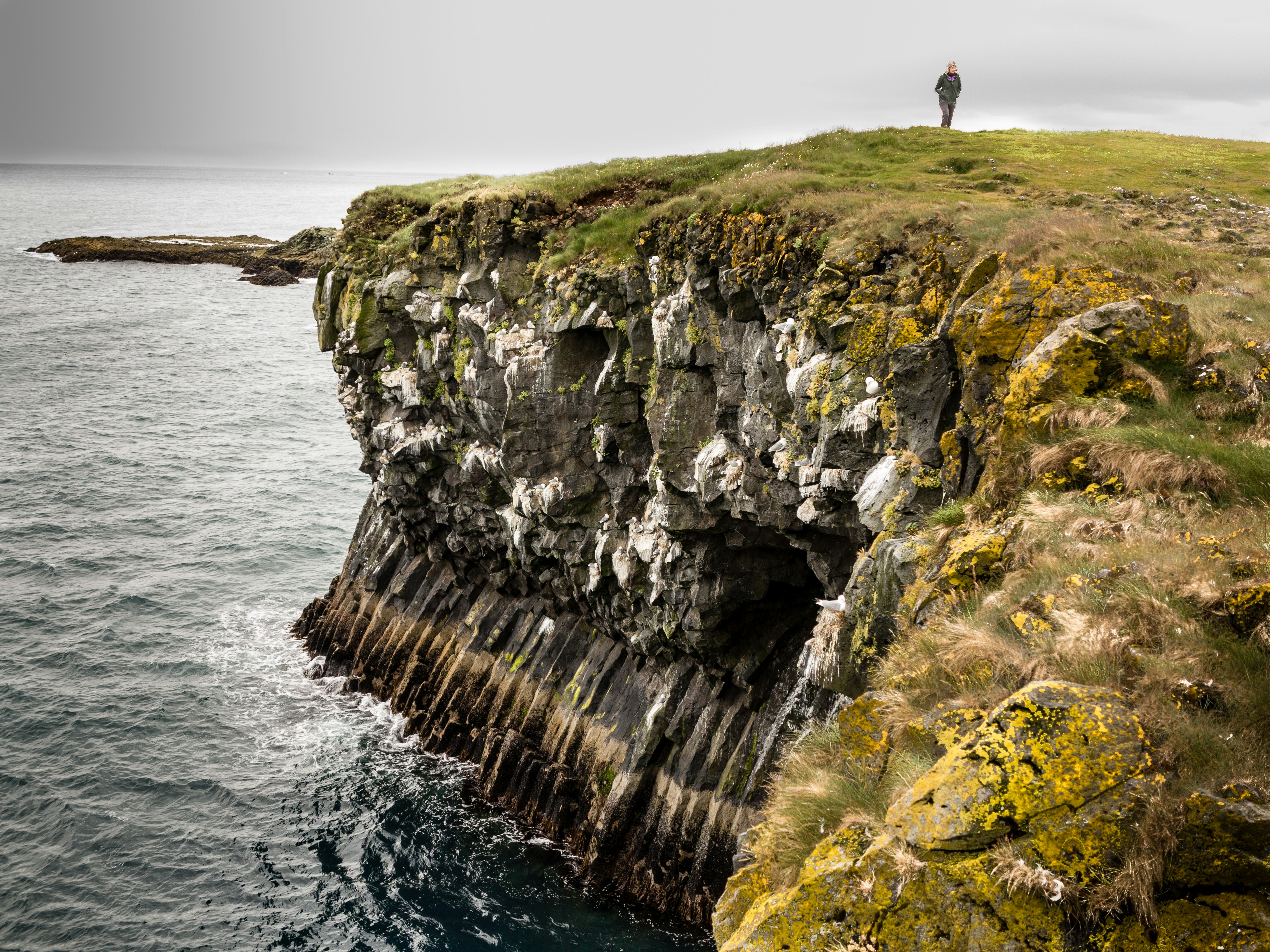 person standing on cliff near body of water, 