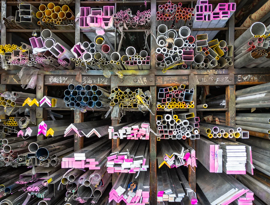 Warehouse rack holding assorted aluminium sections and tubes