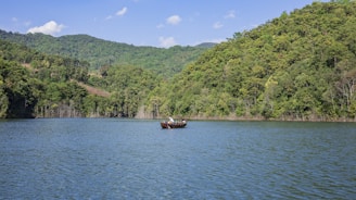 Guests enjoying a peaceful boat ride on the lake surrounded by lush green hills.