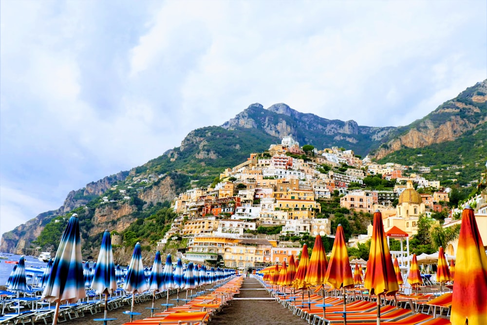 orange, yellow, and blue parasol lot during daytime