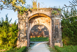 A sunlit ancient stone archway framed by vibrant green ivy.