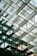 An architectural structure features intersecting glass panels and geometric metal framework. The design creates a complex pattern of reflective surfaces and angular lines. Natural light filters through the windows, casting intricate shadows and reflections.