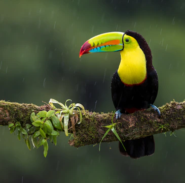 A vibrant cartoon toucan perched on a lush tropical branch with bright fruits around