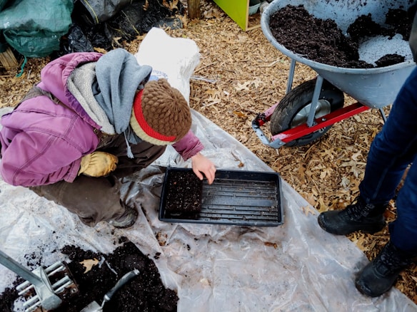 A person wearing a brown hat and purple jacket is crouched down on a plastic sheet, planting seeds in a black tray filled with soil. A wheelbarrow filled with soil stands nearby on a background of wood chips, while another person in blue jeans and black boots stands close by.