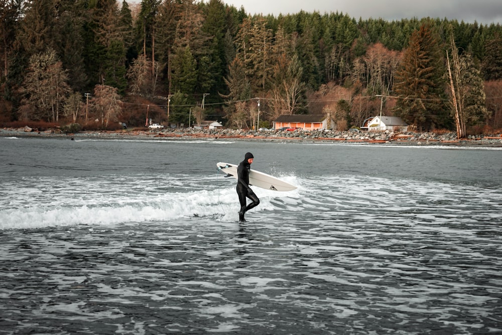 person wearing wetsuit holding white surfboard