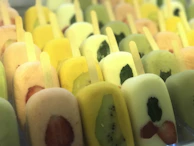 Variety of colorful popsicles arranged on a rustic wooden table with fresh ingredients around