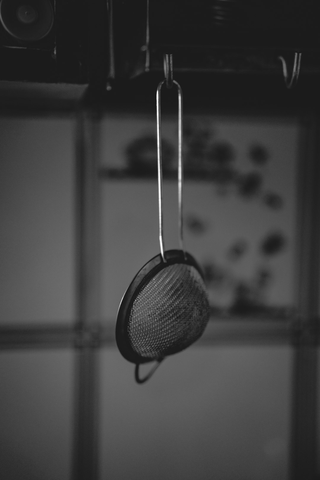 grayscale photography of colander