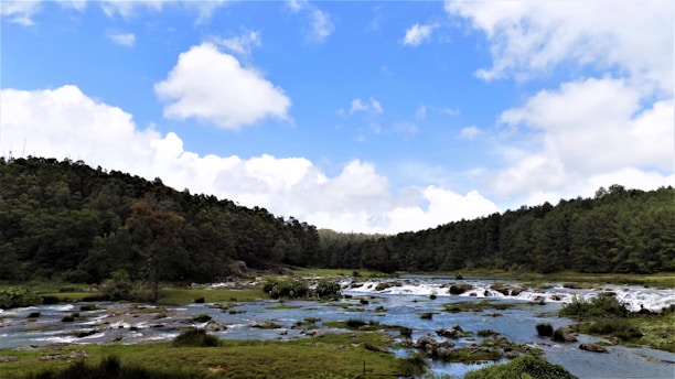 A serene landscape with fluffy white clouds floating above a tranquil valley.