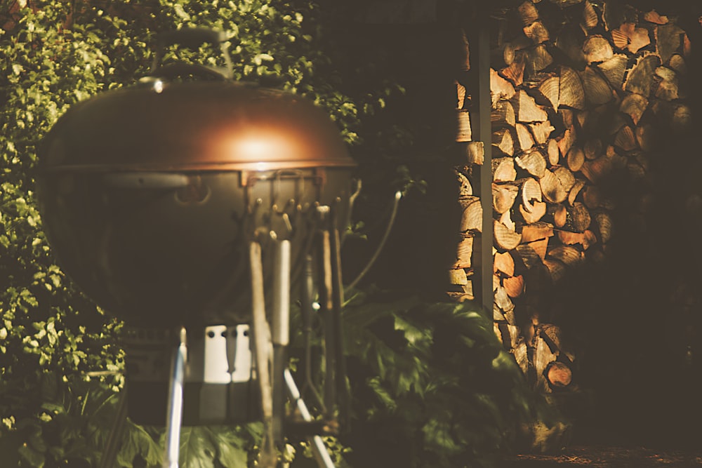 a large grill sitting in the middle of a forest