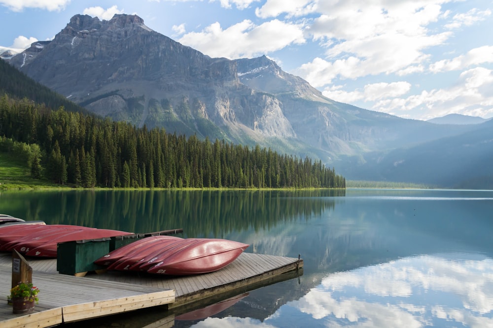 brown kayak on dock across mountains