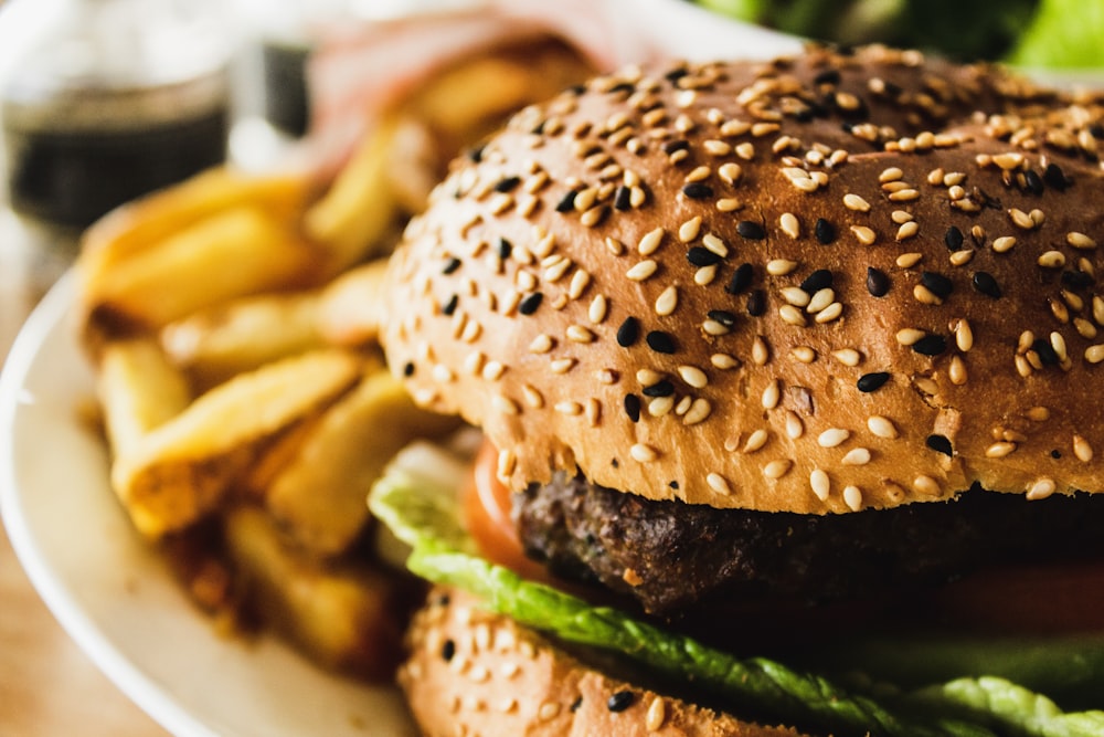 burger with fries on plate