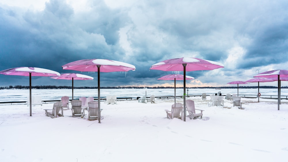 pink parasol covered with snow