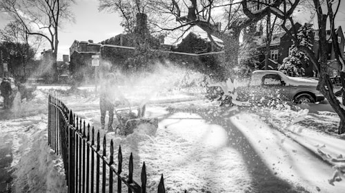 A snowy urban scene with a person operating a snow blower on a sidewalk, clearing snow and creating a spray of snowflakes. The street is lined with trees and snow-covered parked vehicles. Sunlight casts shadows of branches on the ground, and there are residential buildings in the background.