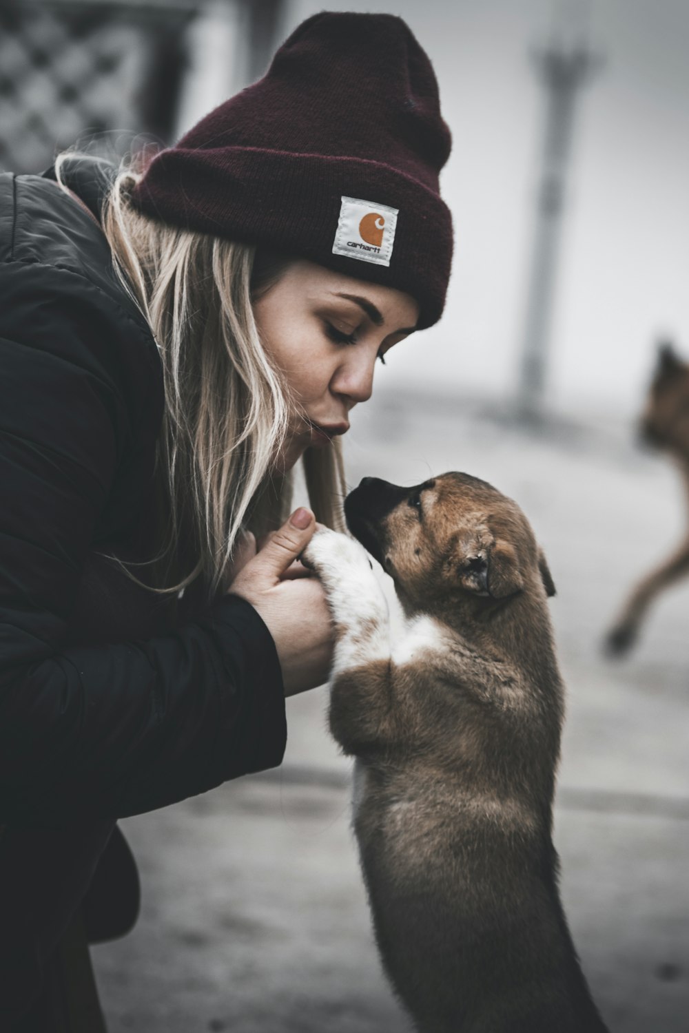 woman about to kiss a tan puppy