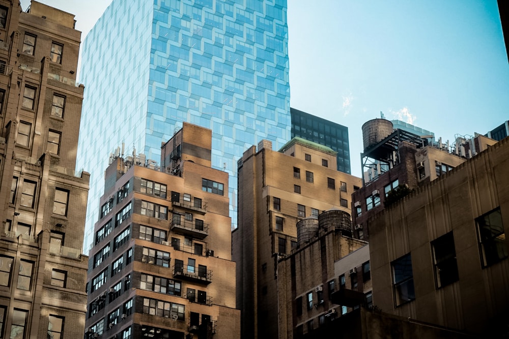 brown concrete building across blue tall building