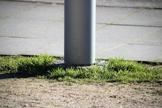 A vertical metal pole is fixed into a paved surface surrounded by patches of green grass and soil. The pole is cylindrical and rises from a metal base. The surrounding area features a mix of natural elements like grass and man-made materials like pavement.