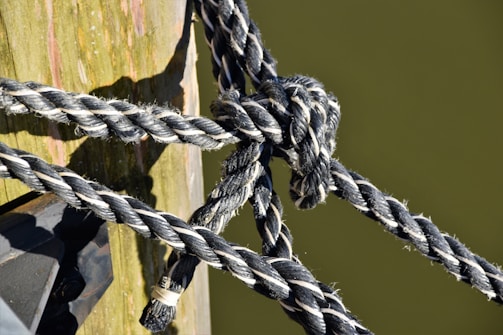 Several thick, black and white braided ropes are tightly knotted around a wooden post. The wood appears weathered with visible grain and some signs of wear. The ropes create a complex knot, displaying their texture and thickness against the smooth surface of the post.