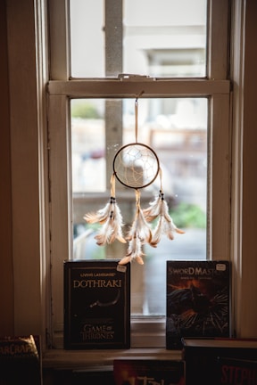 A dreamcatcher with light brown feathers and a woven web hangs in front of a window, with natural light illuminating it from behind. On the windowsill below, there are two books. One book features the title 'Dothraki, Game of Thrones', and the other is titled 'Swordmaster'.