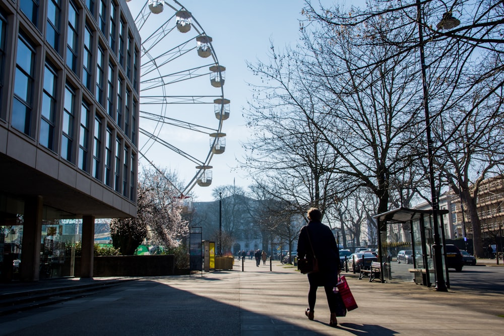 person carrying bags across Ferris wheel