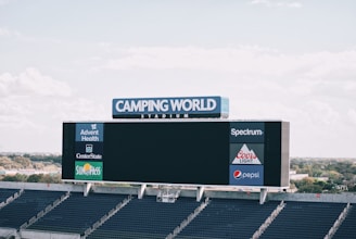 A large digital scoreboard displays various advertisements at Camping World Stadium. The scoreboard is positioned in front of rows of empty stadium seats, and the background features a clear, slightly cloudy sky and some distant scenery including trees and buildings.