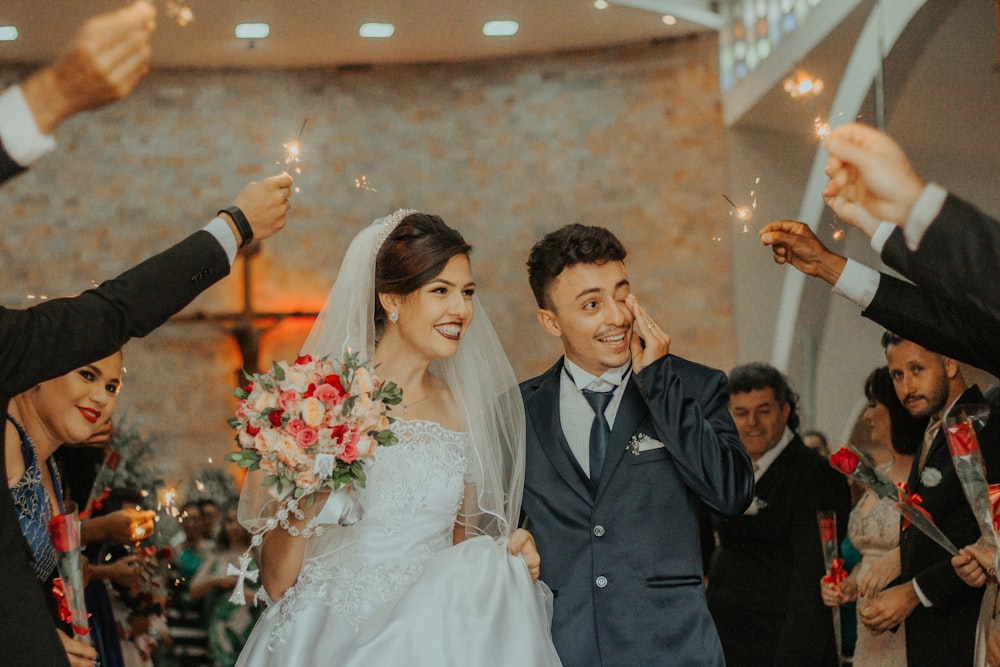 smiling bride and groom