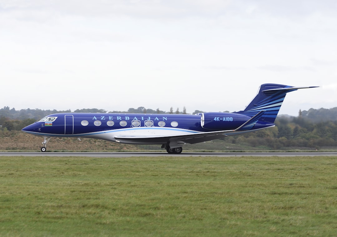 Azerbaijan airplane in motion during daytime, Gulfstream G650 aircraft of Azerbaijan Government.<p></figure>Photo. taken October 2017 at Luton Airport