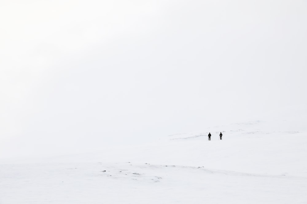 a couple of people walking across a snow covered field