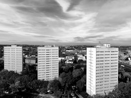 Three tall residential buildings are prominently situated in an urban area, surrounded by trees and a variety of smaller buildings and structures. The skyline is expansive, with a cloudy sky above casting varied shadows and highlights across the scene.