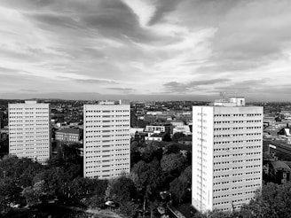 Three tall residential buildings are prominently situated in an urban area, surrounded by trees and a variety of smaller buildings and structures. The skyline is expansive, with a cloudy sky above casting varied shadows and highlights across the scene.