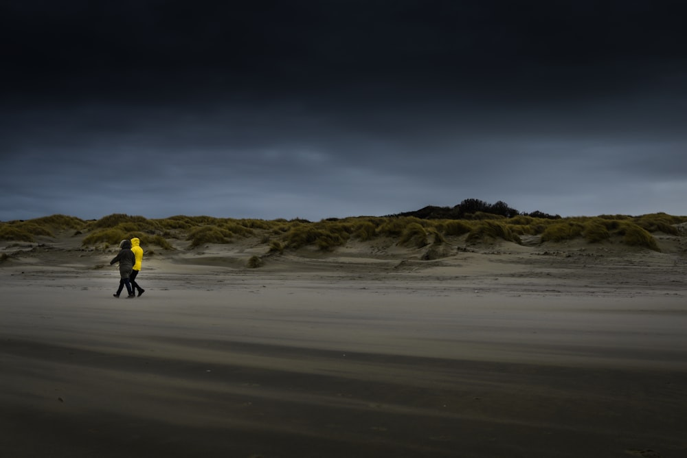 two person walking on desert