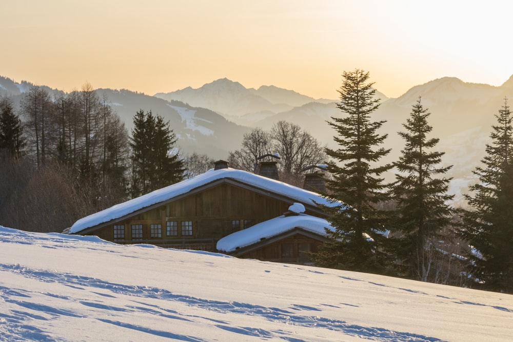 brown wooden house in field with snow