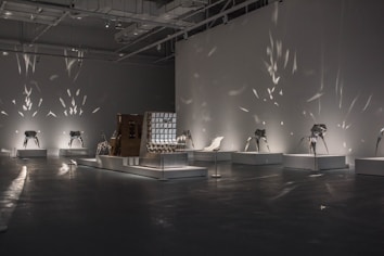 An art gallery installation featuring modern, abstract sculptures exhibited on individual platforms. The room is dimly lit with focused lighting that casts intricate shadow patterns on the walls. The sculptures have metallic and mirrored surfaces, reflecting light in various directions.